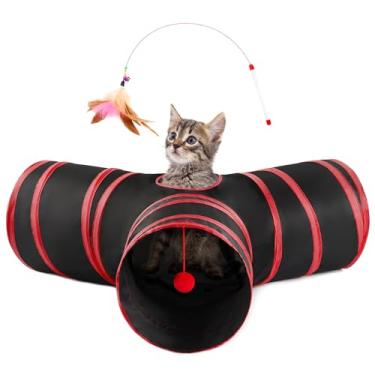 Imagem de Love's cabin Túneis para gatos em ambientes internos, brinquedos dobráveis de 3 vias, túnel de brincar para animais de estimação com furo de espião, bola de brinquedo para gatinho, coelho, preto e