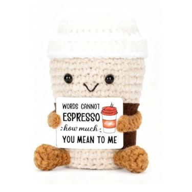 Imagem de Ckajuoau Funny Positive Coffee Emotional Crochet Doll,Coffee Lovers Gifts for Women Handmade Cute Crochet Cup with Uplifting Card,for Best Friend Birthday Women Teacher Fall Office Desk Decorations