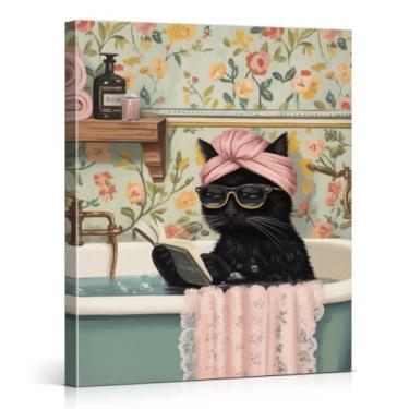 Imagem de Impressão de arte de parede de gato floral engraçado gato lendo na banheira pôster imagem animal estética banheiro decoração de parede 20x25 tela emoldurada