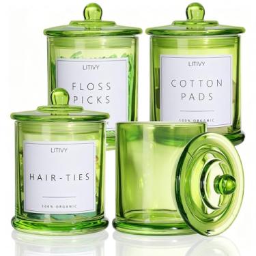 Imagem de LITIVY Pacote com 4 organizadores e armazenamento de banheiro - suporte de vidro de 473 ml e dispensador de almofada de algodão com tampa, frascos de boticário para casa, decoração de quarto