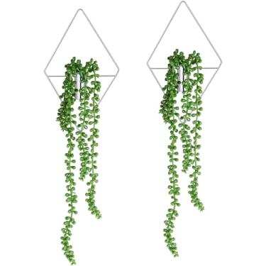 Imagem de Canlierr 2 peças de decoração de parede com plantas artificiais, vaso suspenso de metal, suporte de plantas internas, arte moderna de parede boho para banheiro, quarto, sala de estar, prata
