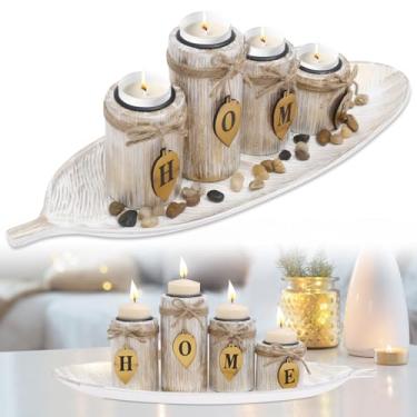 Imagem de 4 peças de castiçais de madeira com bandeja, castiçal de madeira de fazenda, suporte de vela rústico para cozinha, mesa de café, sala de jantar, decoração de casa