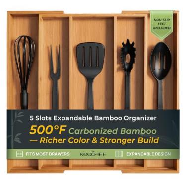 Imagem de Organizador de gaveta de cozinha de bambu carbonizado, organizador de talheres expansível com 5 compartimentos, suporte de utensílios e bandeja de talheres, 5,6 cm de profundidade para capacidade