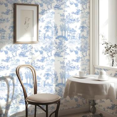 Imagem de WENMER Papel de parede Toile, papel de parede 45 x 2,999 cm, azul e branco, papel de parede Toile de Jouy, papel de contato vintage francês para quarto, paredes, pano de fundo, armário, decoração de