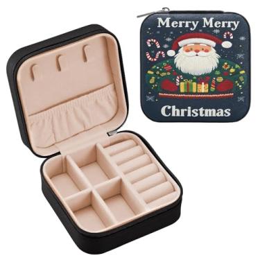 Imagem de Wassud Estojo de joias de viagem com padrão de Natal para mulheres, meninas, senhoras, noiva, mini organizador de joias de couro PU, caixa quadrada de armazenamento de joias para brincos, anéis, colar