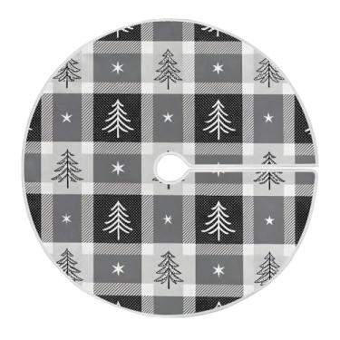 Imagem de Wassud Saia para árvore de Natal, xadrez, cinza, decoração de árvore de Natal, enfeites de Natal, tapete de árvore pequena para decoração de festa de ano novo, 91 cm