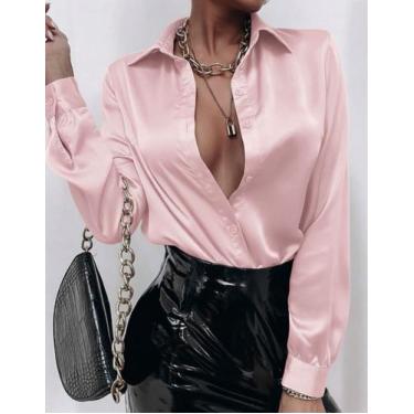 Imagem de Camisa Social Feminina Cetim Manga Comprida Com Botões Casual Elegante