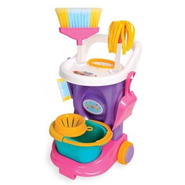 Imagem de Carrinho de Limpeza Infantil,Educação Infantil, Brinquedo, Kits de Brinquedo para Crianças,Cleaning Trolley, Rosa, com 6 Acessórios, Vassoura, Esfregão, Balde, Espanador, Pazinha, a partir de 3 Anos