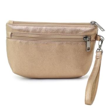 Imagem de BBORGDC Bolsas de pulso femininas, pequena bolsa de couro vegano, design com 3 zíperes, cor dourada, design original boho, ideal para viagens, viagens diárias, presente para meninas