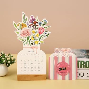 Imagem de 1 calendário de mesa com moldura de madeira 3D 2026, mini calendários de mesa tradicionais em forma de vaso, decoração de ano novo (flor, 22,4 x 12 cm)