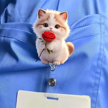 Imagem de Carretel de crachá de acrílico retrátil com clipe jacaré - lindo gatinho laranja-branco segurando suporte de crachá rosa vermelha, clipe de identificação de enfermeira de desenho animado para