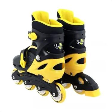Imagem de Patins Infantil com Kit de Proteção Completo, Capacete, Joelheiras, Cotoveleiras, Preto e Amarelo, Tamanho 34-37, +3 Anos