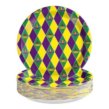 Imagem de 50 peças de pratos de papel carnaval de 25,4 cm grandes pratos de sobremesa xadrez coloridos descartáveis roxo amarelo verde diamante máscara suprimentos de festa para decoração de festa de carnaval
