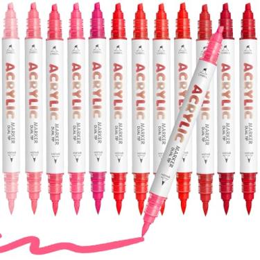 Imagem de Diyeever Canetas de tinta acrílica da série vermelha, marcadores de tinta acrílica de ponta dupla à base de água, 12 cores, para pintura de rocha, madeira, vidro, cerâmica, tela, tecido, pedra