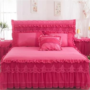 Imagem de Conjunto de saia de cama estilo princesa, fronhas, colcha e lençol rosa para menina, capa de cama vermelha rosa, 180x220cm