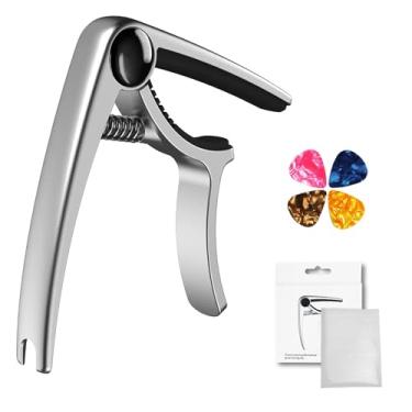 Imagem de VEDO Capotraste para guitarra, adequado para guitarras acústicas e elétricas - ouro rosa/preto, com 6 palhetas. (Prateado)