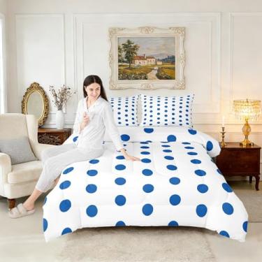 Imagem de Homewish Conjunto de edredom queen de bolinhas, tamanho Queen, branco, azul, círculos geométricos, para crianças, adolescentes e adultos, estilo lindo retrô francês com 2 fronhas
