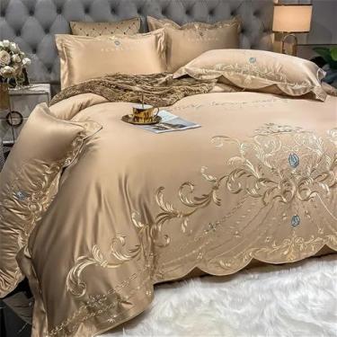 Imagem de Conjunto de cama Style com bordado em cetim, capa de edredom dupla, lençóis e fronhas em puro algodão, cor champanhe, tamanho queen (4 peças).