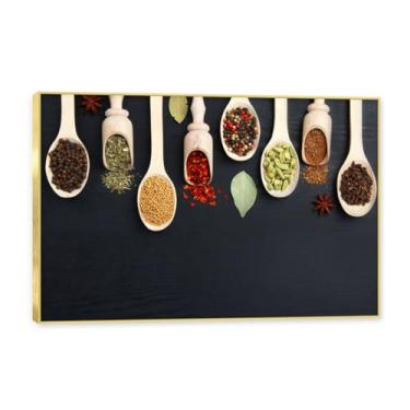 Imagem de Moldura dourada. Arte de parede em tela de especiarias coloridas e colher de tempero | Decoração de cozinha vintage | Arte moderna para casa e sala de jantar. C37. 80 x 120 cm - 31,5 x 47,3 pol
