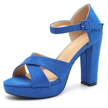 Imagem de Enelauge Sandálias femininas de salto alto grossas plataforma bico aberto tira no tornozelo salto bloco vestido noiva festa de casamento sapatos noite sapatos, Camurça azul royal, 40