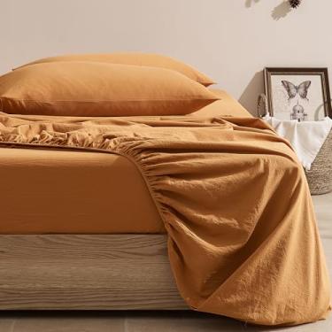 Imagem de JELLYMONI Lençol Queen Algodão Âmbar Laranja 1 pç Lençol de Cama com Bolso Profundo 40,6 cm Sólido 100% Algodão Lavado Macio Respirável Durável Lençol com Elástico (152 cm x 203 cm + 41 cm)