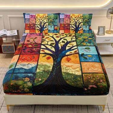 Imagem de AILONEN Jogo de lençol solteiro com elástico árvore da vida, sol e lua boêmio, árvore colorida para decoração de quarto, lençol com tema da natureza com 2 fronhas, 3 peças