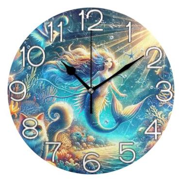 Imagem de GAIGEO Relógio de parede analógico decorativo redondo sem tique-taque silencioso relógio de cozinha rústico, decoração de parede de meados do século desenho animado azul animal oceano, 25 cm