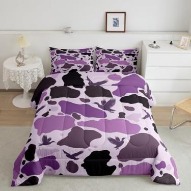 Imagem de Jogo de cama queen camuflado roxo, design moderno colorido de microfibra super macia, para decoração de quarto de crianças, conjunto de edredom de arte de camuflagem, 2 fronhas