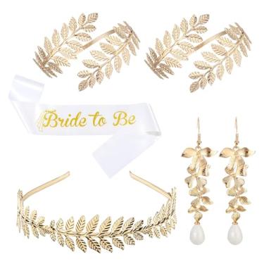 Imagem de BOZILY Conjunto de acessórios da deusa grega - coroa de cabeça de folha dourada, brincos pendentes, 2 braçadeiras e alça de ombro - Joias de fantasia de casamento de liga e pérola para mulheres
