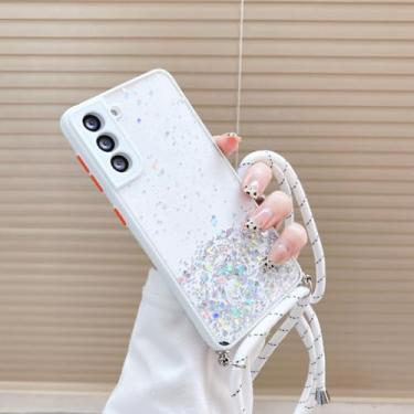 Imagem de Pendure a capa de cordão com alça de pescoço para Samsung Galaxy A02S A52 A12 A21S A32 A72 A51 A50 S22 FE S21 Ultra S 20 Plus Capa transparente com glitter, branca, para S22 FE
