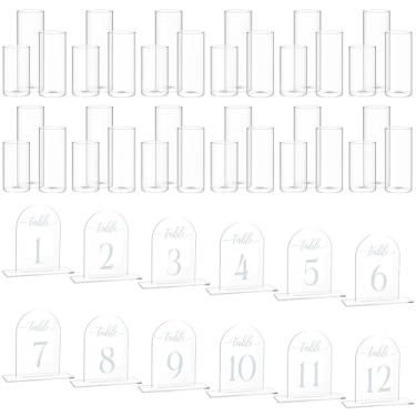 Imagem de Sieral 36 peças de vasos cilíndricos de vidro de 16, 20, 25 cm de altura e 12 peças de números de mesa de acrílico de arco transparente para recepção, conjunto de mesa de decoração de vaso de vidro