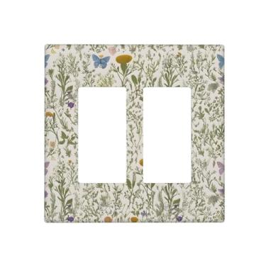 Imagem de VGHOKO Capas de tomada botânicas florais vintage para plantas de jardim, ervas, flores, capas para interruptores de luz duplas, verde mostarda decorativa, 2 gangues Gfci, placa de parede, receptáculo