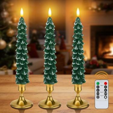 Imagem de Pacote com 3 velas de árvore de Natal – Velas cônicas de cera real sem chama, castiçais verdes de 24,6 cm para casa, mesa, metal, Natal, Natal, decorações internas, presentes