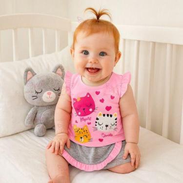 Imagem de Conjunto Fofura Short Saia + Blusa Gatinha para Bebê Menina Tam RN a 0
