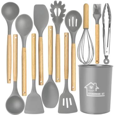 Imagem de Conjunto de utensílios de cozinha para cozinhar: Conjunto de espátula de cozinha com cabo de madeira de silicone com 12 peças - Utensílios de cozinha resistentes ao calor para panelas antiaderentes