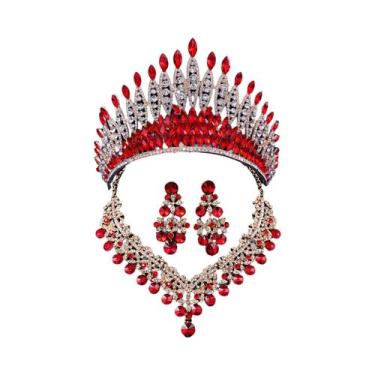 Imagem de Conjunto De Joias De Noiva Com Cristais Vermelhos, Colar, Brincos E Ti