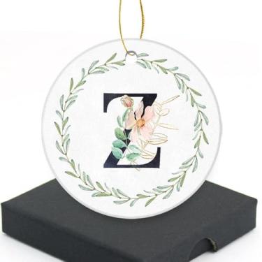 Imagem de Enfeite de lembrança de letra inicial feito à mão, enfeite de cerâmica redondo com letra Z para decoração de árvore de Natal, presentes para aniversário de casamento e amigas da família
