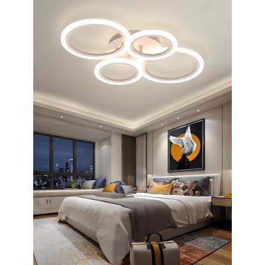 Imagem de Luminária de teto LED branca moderna para sala de estar, com anel embutido, dimerizável e com controle remoto, em acrílico, ideal para quarto e sala de jantar (4 anéis).