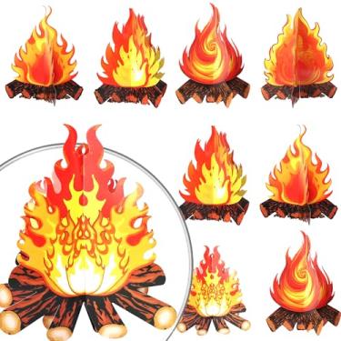 Imagem de Pacote com 10 decorações de acampamento de fogo falso, peças centrais de chamas falsas 3D para decorações de mesa, chamas artificiais, papelão, fogueira, topos de mesa, decoração para decoração de