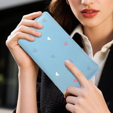 Imagem de Carteira feminina, carteiras longas de poliuretano para mulheres, carteira de grande capacidade para mulheres com zíper, carteira feminina fina para encontros, compras, Azul, Casual