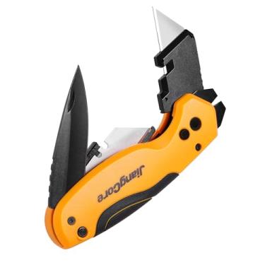 Imagem de Faca utilitária dobrável com barra de alavanca – Cortador de caixa de troca rápida com clipe de cinto, trava de forro e 2 lâminas SK5 extras para construção DIY e tarefas ao ar livre