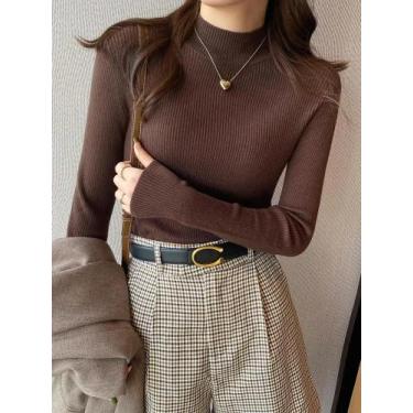 Imagem de Suéter Feminino Slim Fit De Tricô Para Outono Inverno Com Gola Alta Vi