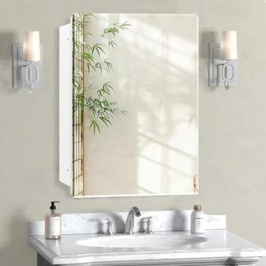 Imagem de HESONTH Armário de medicamentos com espelho porta única chanfrada e prateleiras ajustáveis, moldura retangular de borda chanfrada, 40,6 cm x 66 cm