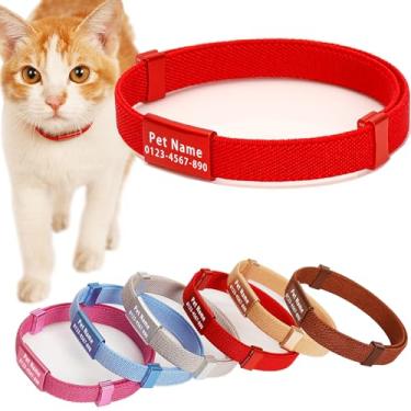 Imagem de Coleira minimalista elástica leve gravada personalizada com etiqueta de nome Coleiras de gato personalizadas para gatinhos, meninos e meninas (vermelho, coleira com placa de identificação)