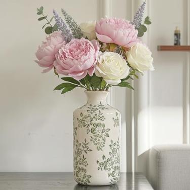 Imagem de Vaso de cerâmica vintage, vaso decorativo floral verde chinoiserie, vaso rústico retrô com acabamento rachado para decoração de casa, sala de estar, centros de mesa, cozinha, escritório, verde-04