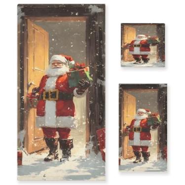 Imagem de STAYTOP Lindo Papai Noel segurando uma caixa de presente conjunto de toalhas 3 peças, toalhas de toque macio altamente absorvente de secagem rápida, 1 toalha de banho, 1 toalha de rosto, 1 toalha de