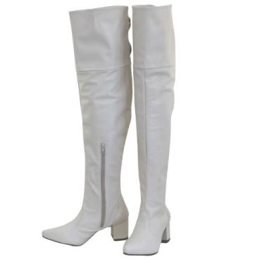 Imagem de Bota Over The Knee Feminina Salto Grosso Bico Fino Zíper Lirom, Off wh