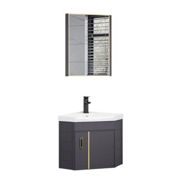 Imagem de Pia de vaso de montagem na parede, lavatório de banheiro de canto de cerâmica, combo de pia de pia com economia de espaço com armário montado na parede para banheiros pequenos