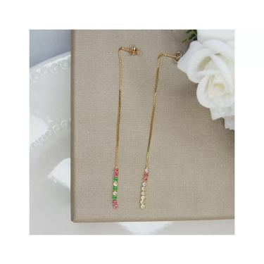 Imagem de Brinco Fio Corrente Com Zircônias Coloridas Sortidas Folheado A Ouro 18k - Moda Feminina Elegante