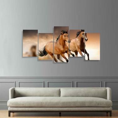 Imagem de Quadro Cavalos Paisagem Mosaico 5 Peças decorativo